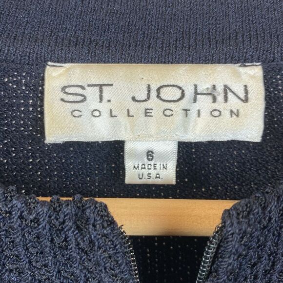 St John Black Santana Knit Short Sleeve Zip Sweater Top 6 - Picture 6 of 7